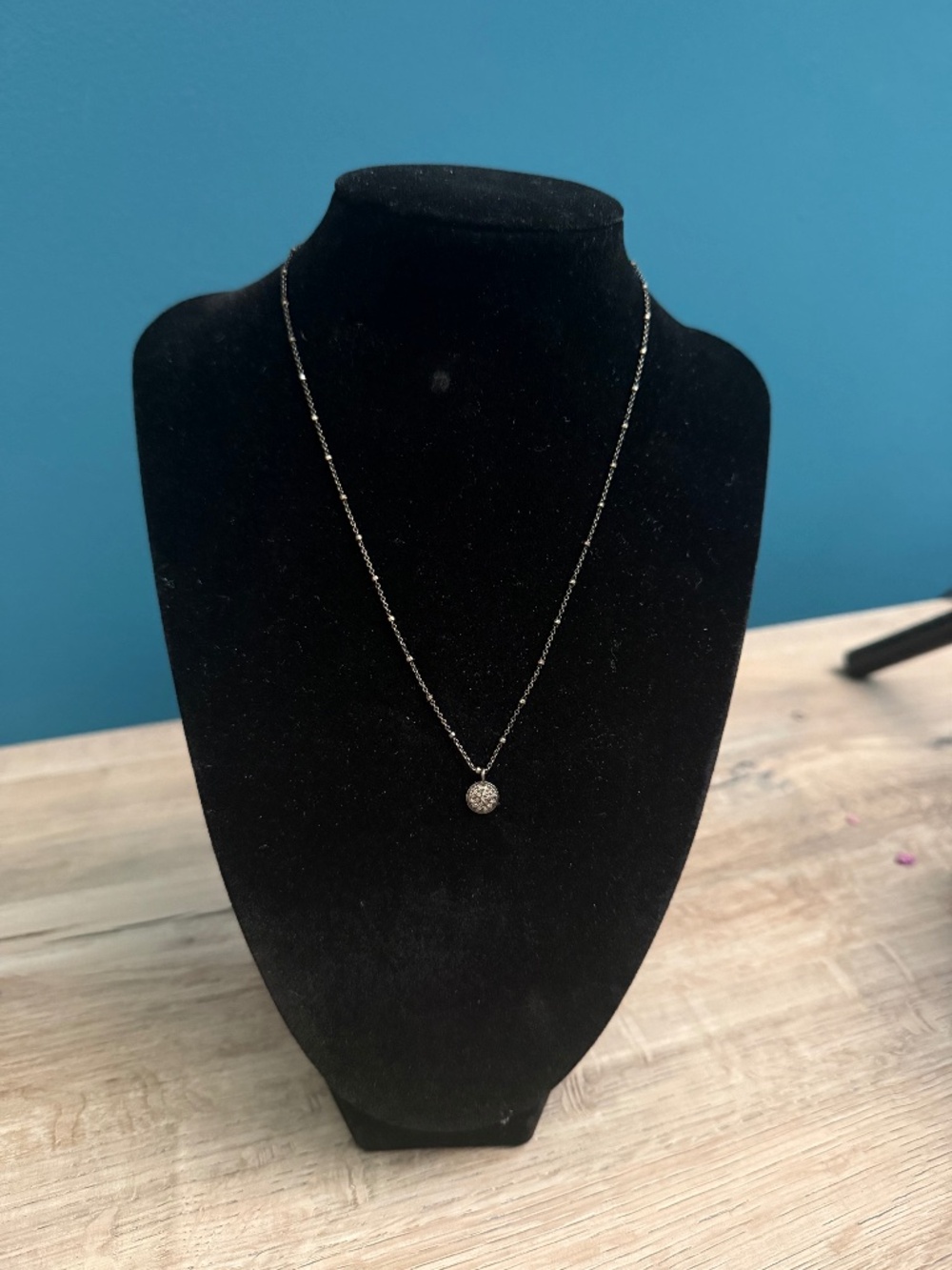 Oxidized Silver Tone Pavé Crystal Round Pendant Necklace 16"